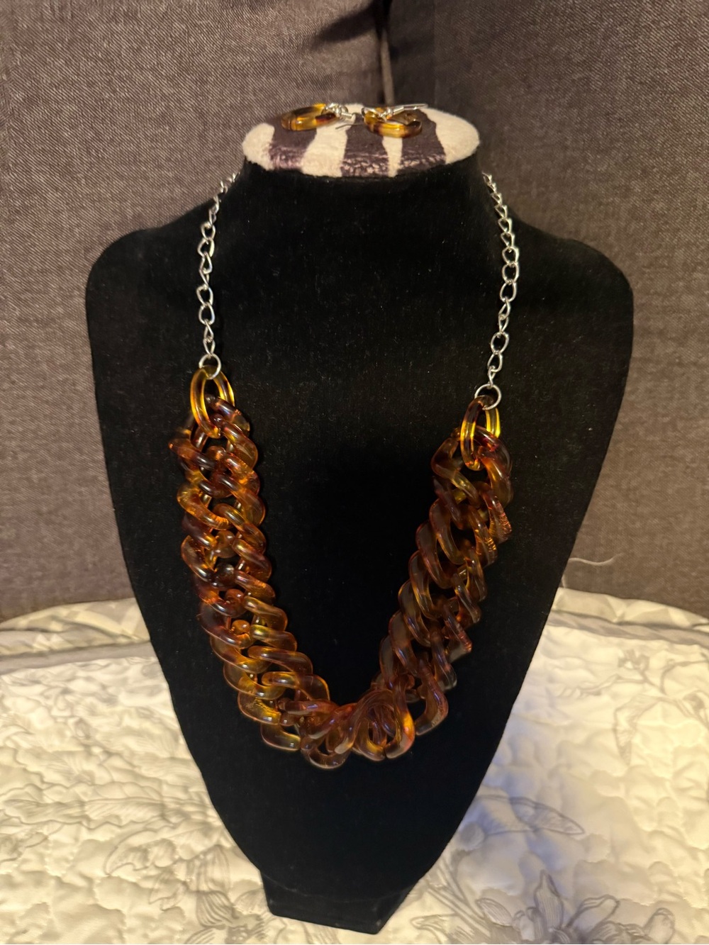 Chunky Amber Chain Statement Necklace with Matching Earrings- Women Jewelry